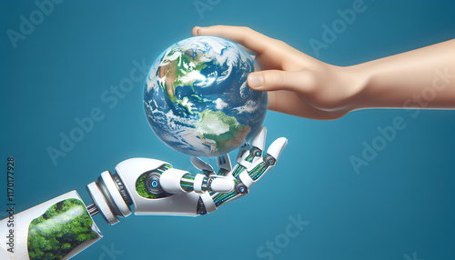 Human and Robotic Hands Holding Earth Together