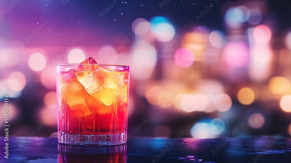 Colorful Cocktail in Glass with Ice Cubes at Night City Background Colorful Cocktail in Glass with Ice Cubes at Night City Background