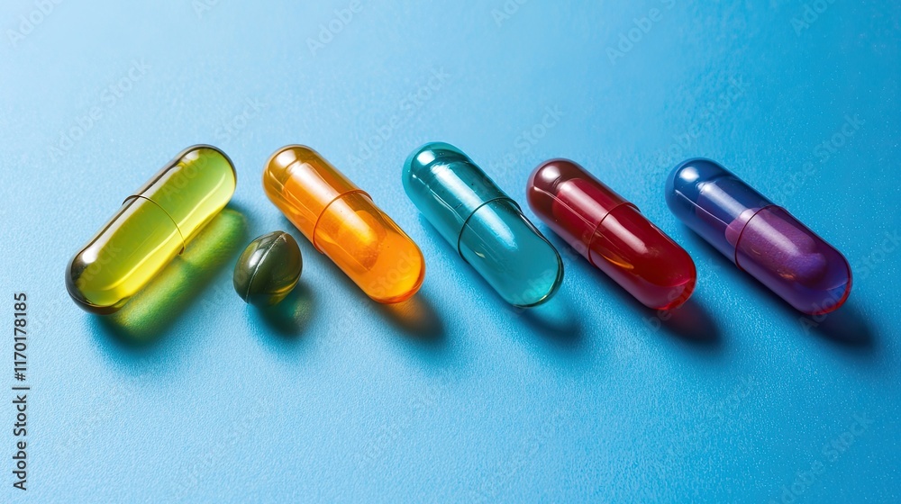 Creative arrangement of colorful capsules on a blue background, minimal medical theme Creative arrangement of colorful capsules on a blue background, minimal medical theme