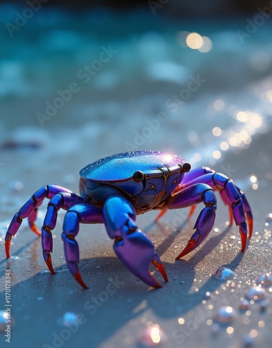 A luminous crab with reflective, iridescent blue and purple shells, walking along a shimmering silver beach. The ocean is full of deep blue and teal tones, with glowing pearls and soft golden light. photo