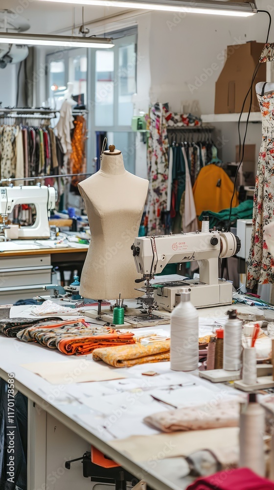 Fototapeta premium Bright and Organized Fashion Workshop with Sewing Machines and Fabrics