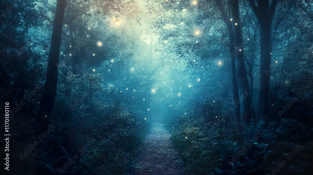 Obraz premium Enchanted Forest Path at Night: A Magical Journey