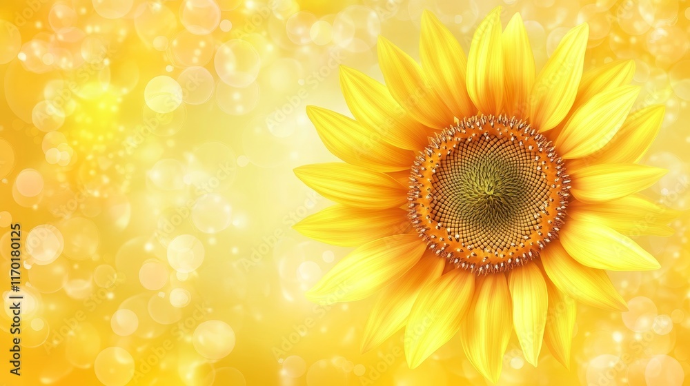 Fototapeta premium Floral banner of blossoming sunflower on yellow Bokeh background