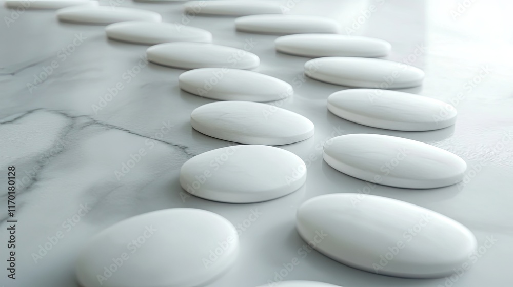 Geometric arrangement of white oval tablets forming a spiral on polished marble surface. Geometric arrangement of white oval tablets forming a spiral on polished marble surface.