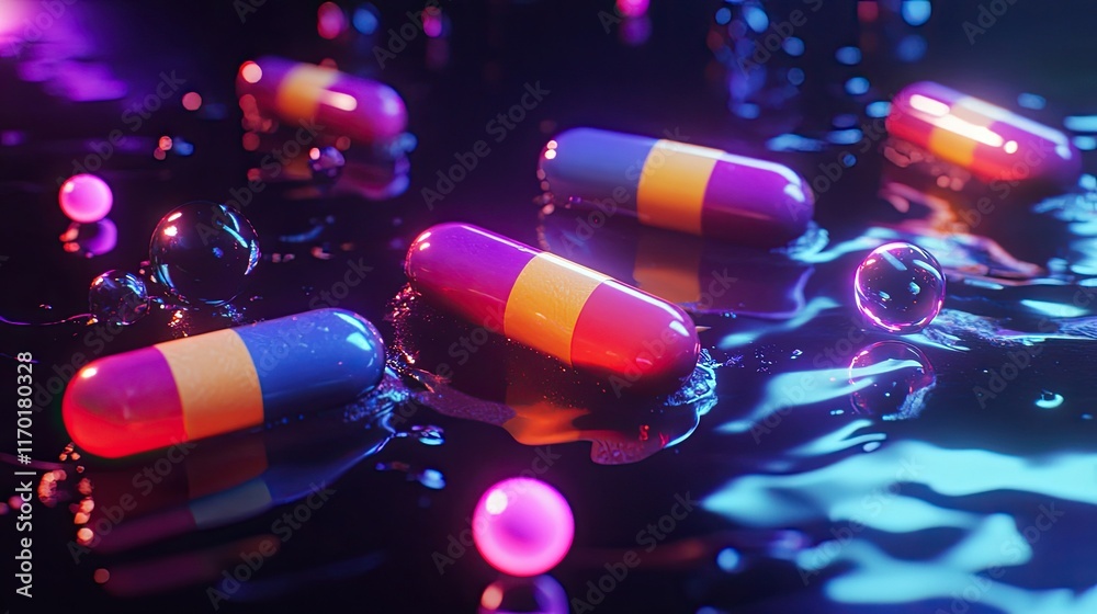 Glowing neon-colored pills in dark water with bubble formations. Glowing neon-colored pills in dark water with bubble formations.