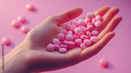 Hand holding pink tablets