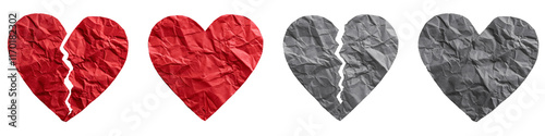red paper heart placed on a isolated background.  heart appears torn down the middle