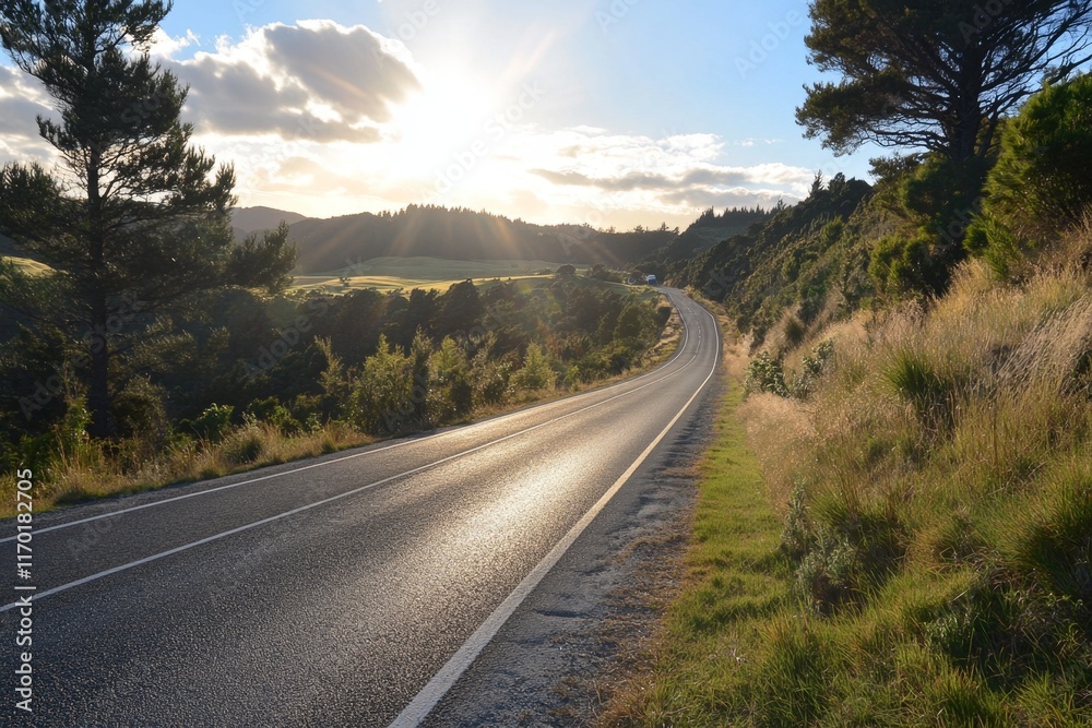 Scenic winding road at sunset, sun rays through clouds, green hills. Scenic winding road at sunset, sun rays through clouds, green hills.