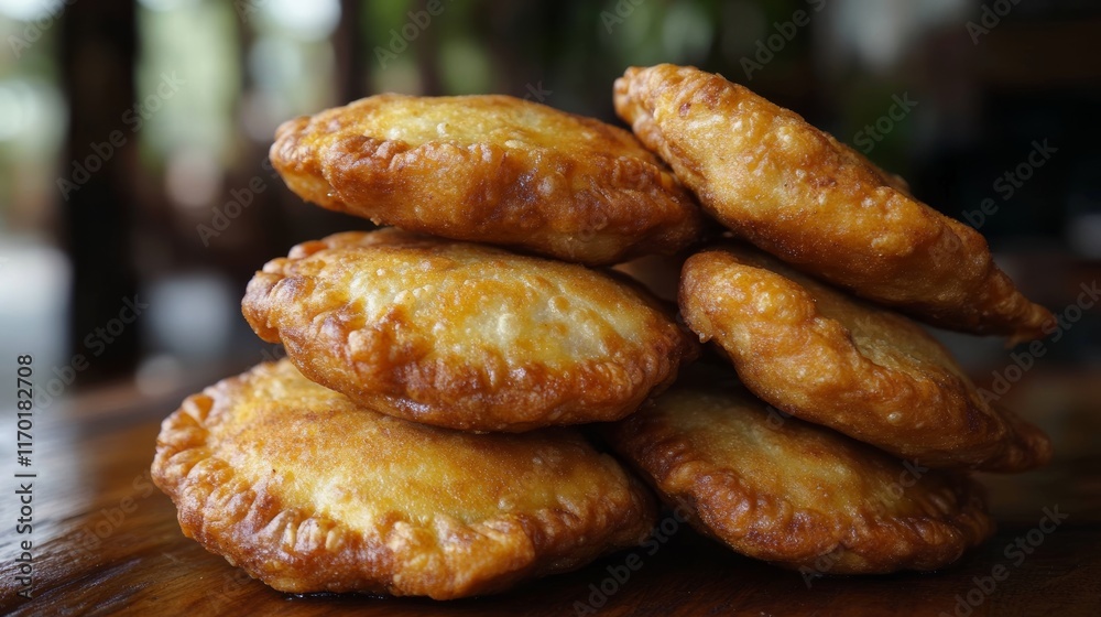 Fried colombian empanadas on wooden table Savory stuffed patties also known as pastelpate or pirozhki Fried colombian empanadas on wooden table Savory stuffed patties also known as pastelpate or pirozhki