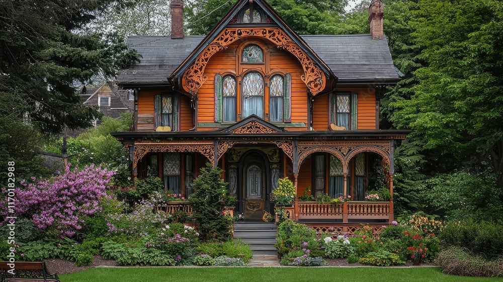 Fototapeta premium Vintage Victorian House Surrounded by Lush Greenery and Flowers