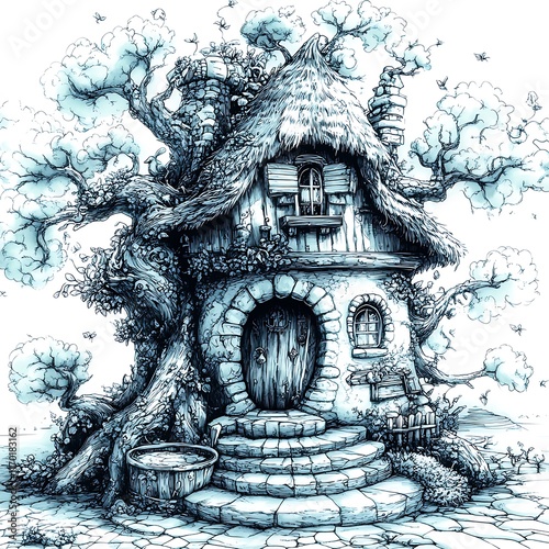Enchanting illustration of a whimsical thatched cottage nestled within the branches of an ancient tree.