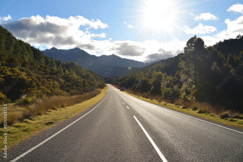 Fototapeta premium Sunny road through mountain valley.