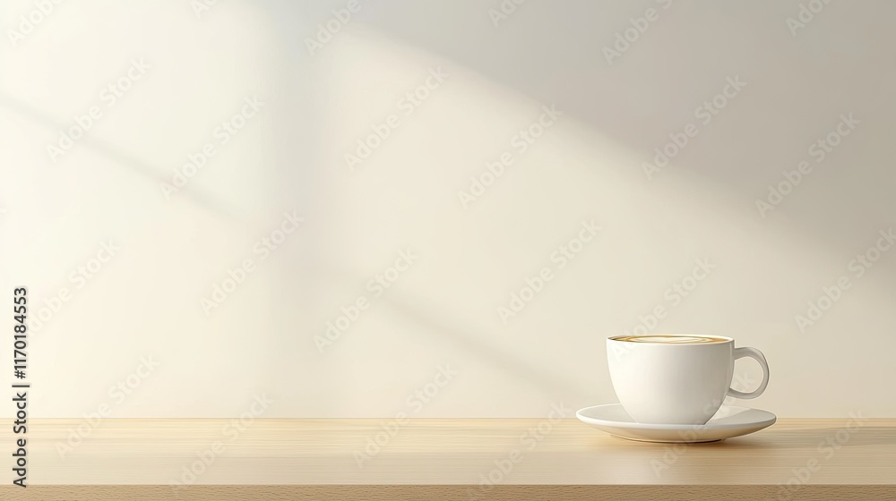 Obraz premium A plain white coffee cup with a frothy cappuccino on a wooden table, with empty space.