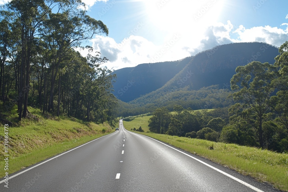 Naklejka premium Scenic highway winding through lush green valley and mountains under bright sunlight.