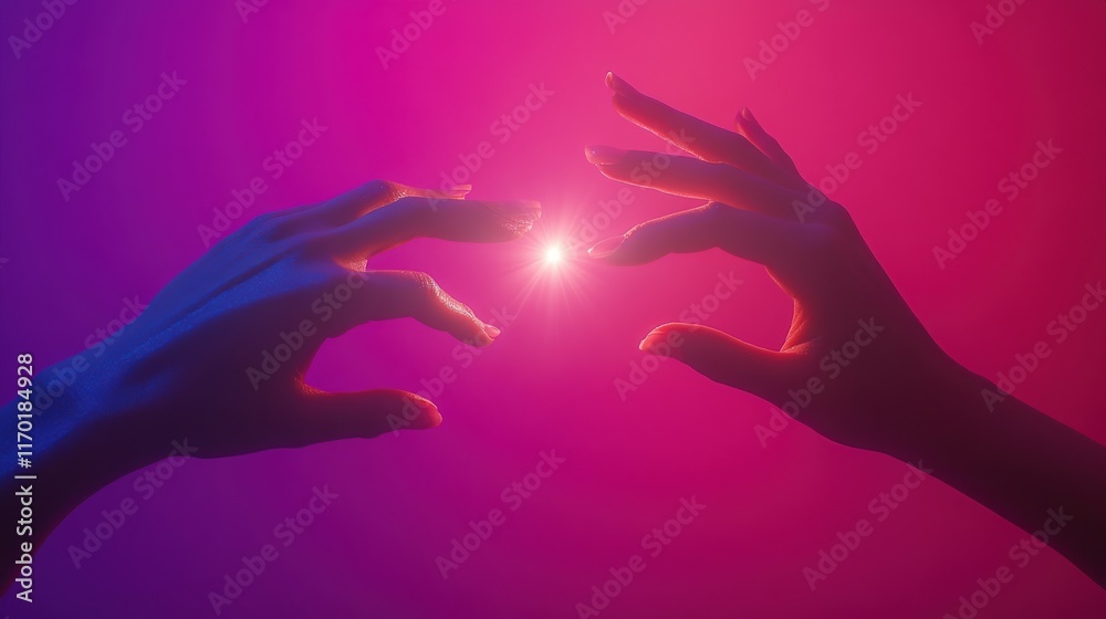 two hands reaching towards each other against a vibrant, gradient background that transitions from deep pink to purple. a bright spark of light emanates, creating a sense of energy and connection two hands reaching towards each other against a vibrant, gradient background that transitions from deep pink to purple. a bright spark of light emanates, creating a sense of energy and connection