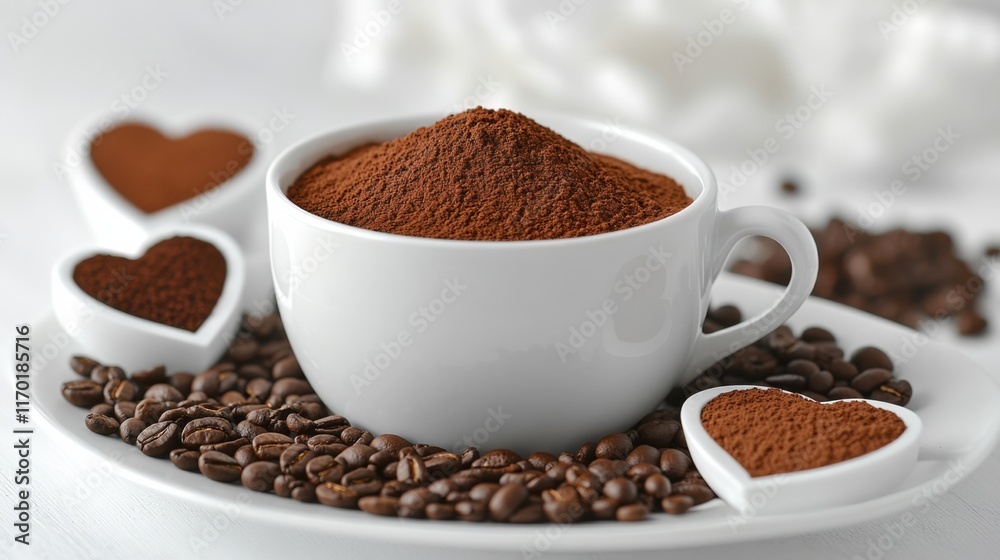 A Cozy Arrangement of Cocoa Powder in a White Cup Surrounded by Coffee Beans and Heart-Shaped Dishes on a Soft Background A Cozy Arrangement of Cocoa Powder in a White Cup Surrounded by Coffee Beans and Heart-Shaped Dishes on a Soft Background