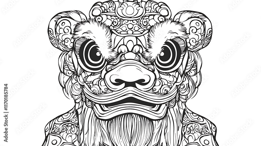 Intricate Line Art Design of a Chinese Lion Dance Mask Traditional Asian Culture Illustration Intricate Line Art Design of a Chinese Lion Dance Mask Traditional Asian Culture Illustration