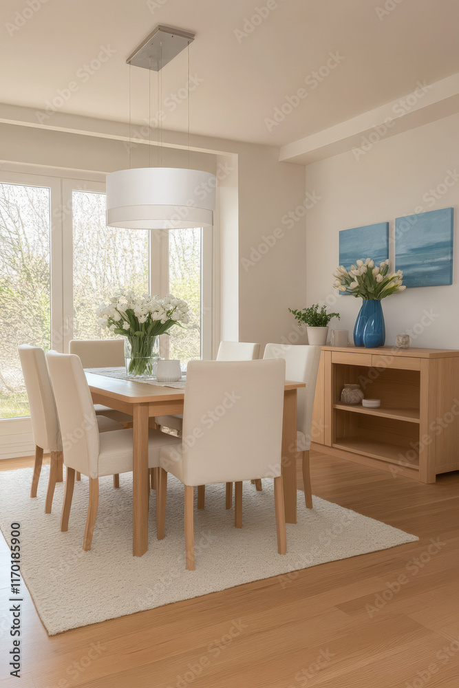 Fototapeta premium Light and airy dining room with floral centerpiece and modern decor