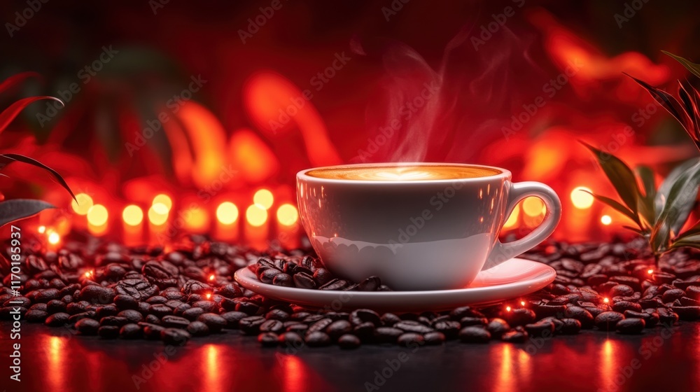 Fototapeta premium Cozy Cup of Freshly Brewed Coffee Surrounded by Dark Roasted Beans and Soft Red Candles Creating a Warm and Inviting Atmosphere for Relaxation