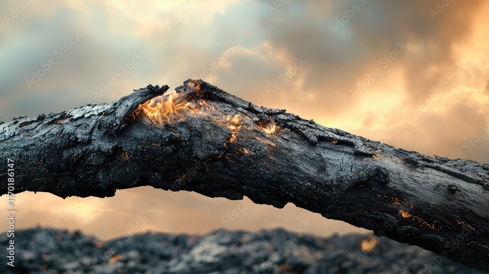 Glowing Charred Log Against Dramatic Sky at Sunset Glowing Charred Log Against Dramatic Sky at Sunset