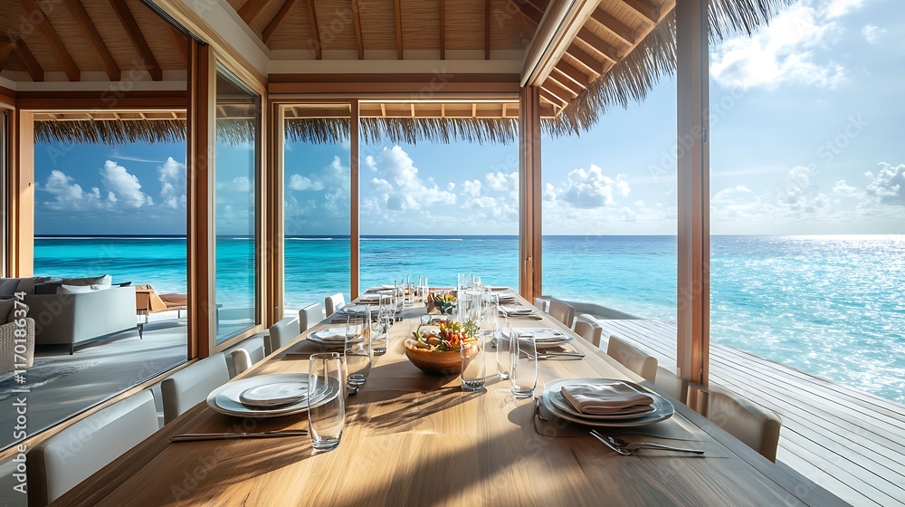 Obraz premium Oceanfront dining table set for meal.
