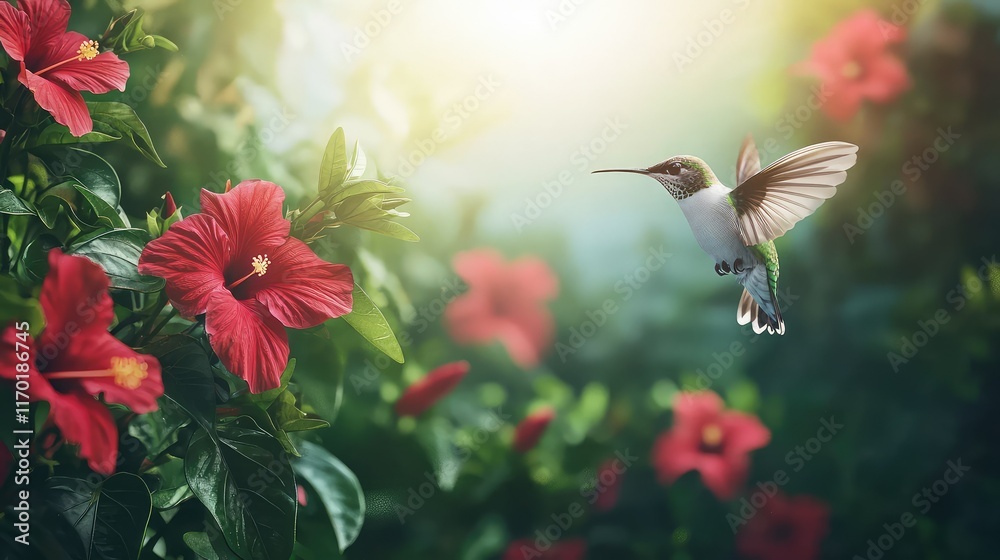 Hummingbird in Flight Surrounded by Vibrant Red Hibiscus Flowers Hummingbird in Flight Surrounded by Vibrant Red Hibiscus Flowers