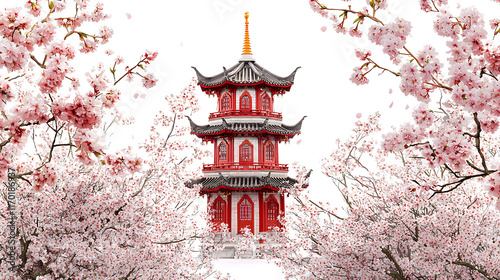 Serene Red Pagoda Amidst Blooming Cherry Blossoms in Spring