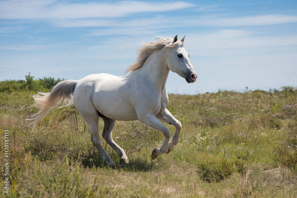A horse galloping freely in an open field, showcasing its grace and freedom A horse galloping freely in an open field, showcasing its grace and freedom