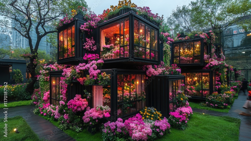 This flower village, composed of multiple black containers, is located black open field. The exterior is painted a vibrant pastel pink, with each container adorned with an array of pink flowers, This flower village, composed of multiple black containers, is located black open field. The exterior is painted a vibrant pastel pink, with each container adorned with an array of pink flowers,