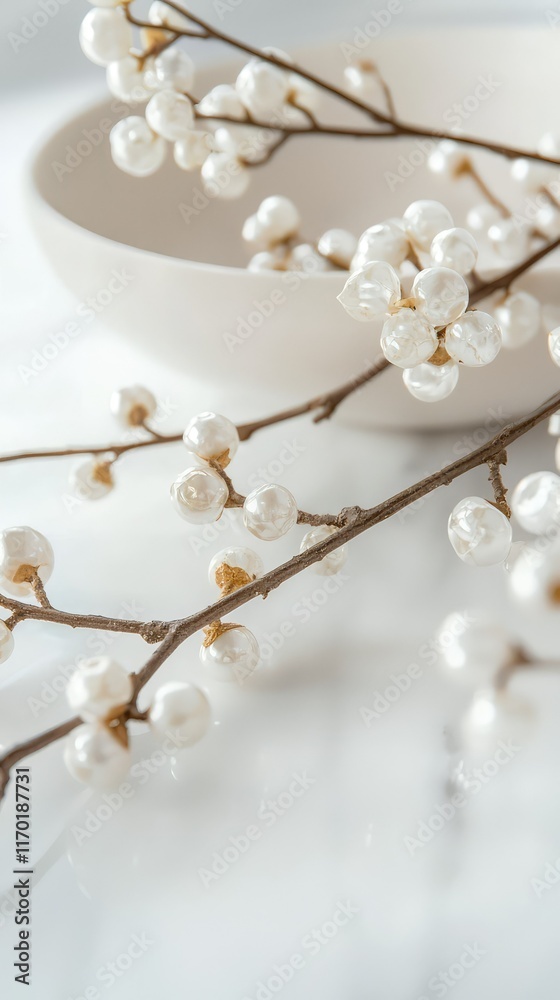 Delicate white pearl branches with minimalist bowl on marble surface Delicate white pearl branches with minimalist bowl on marble surface