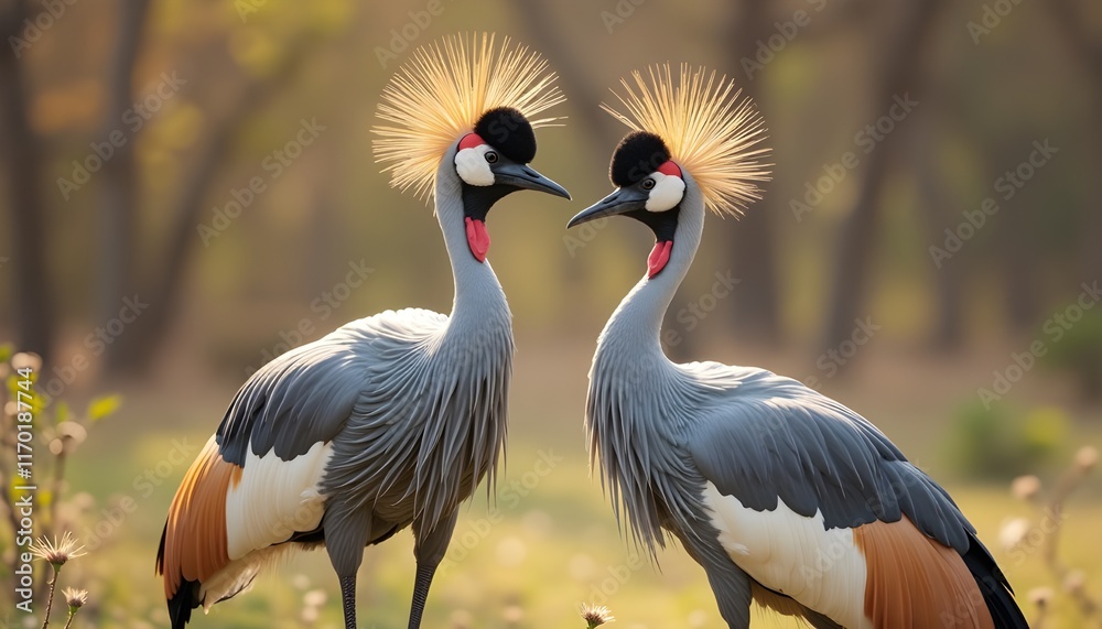 Fototapeta premium Two Elegant Grey-crowned Cranes, A Close-up Of Two Grey-Crowned Cranes
