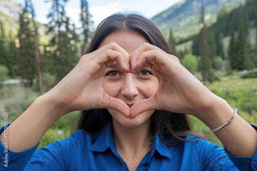 A woman forming a heart shape with her hands in a picturesque natural landscape photo