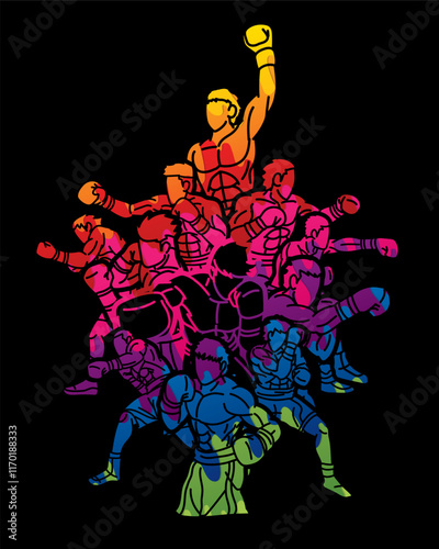 Group of Boxer Boxing Sport Mix Kickboxing Action Cartoon Graphic Vector