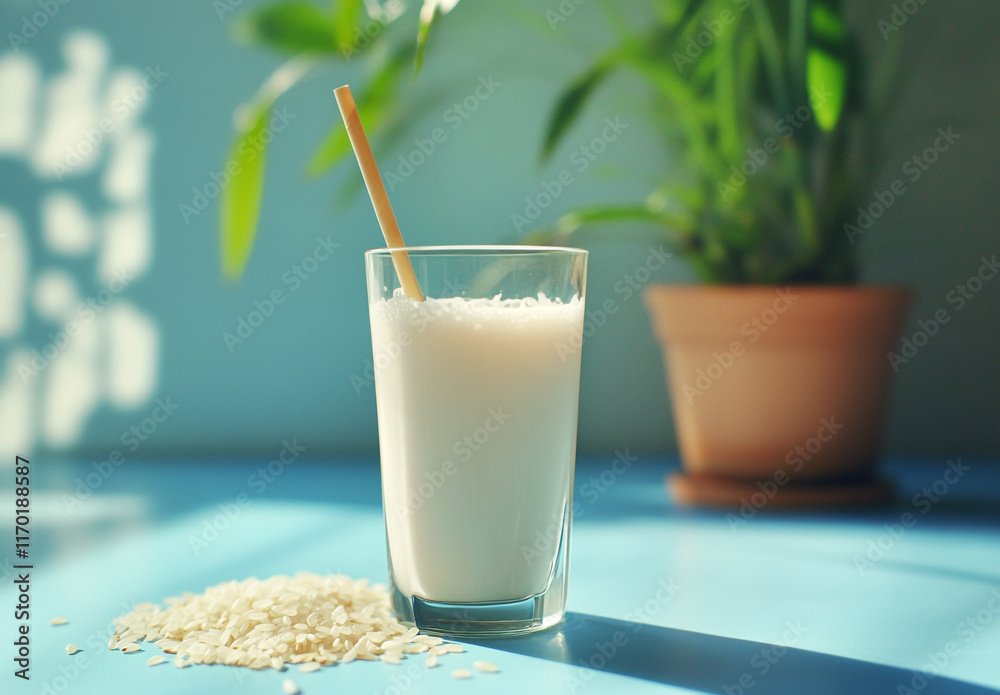 Creamy Milk in a Glass with Straw and Rice Grains Creamy Milk in a Glass with Straw and Rice Grains