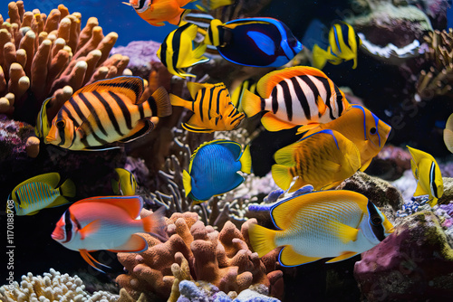 A vibrant display of underwater sea life, featuring a colorful array of tropical fish photo