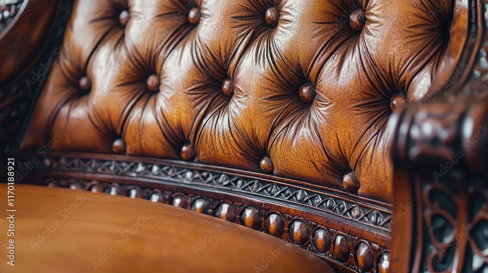 Fototapeta premium Close-Up View of Elegant Brown Leather Upholstered Antique Chair