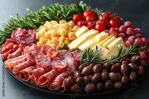 Appetizer platter with salami, cheese, olives, and grapes. photo