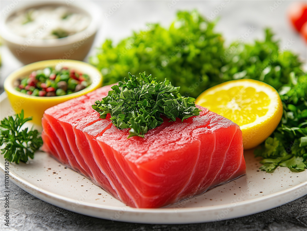 Food photography. A piece of salted red fish with herbs, seasoning and lemon on a white plate. Photo for an online store or magazine article. Food photography. A piece of salted red fish with herbs, seasoning and lemon on a white plate. Photo for an online store or magazine article.
