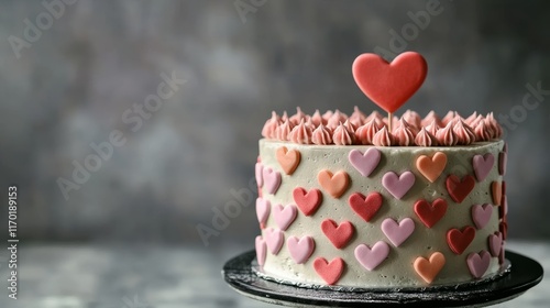 Close Up of a cake decorated with small hearts with heart cake topper against a gray background Romantic love concept Valentines Mothers Day Birthday Cake card Background Horizonlal