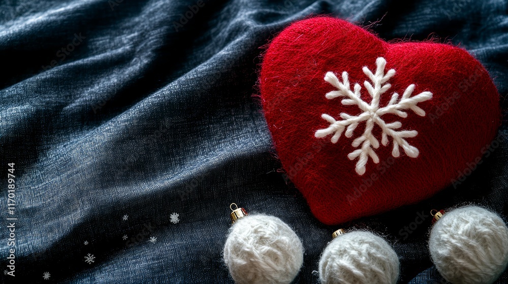 Fototapeta premium Red valentines day heart with white ornaments or snowflake made from wool on dark fabric background Concept of love warmth and christmas