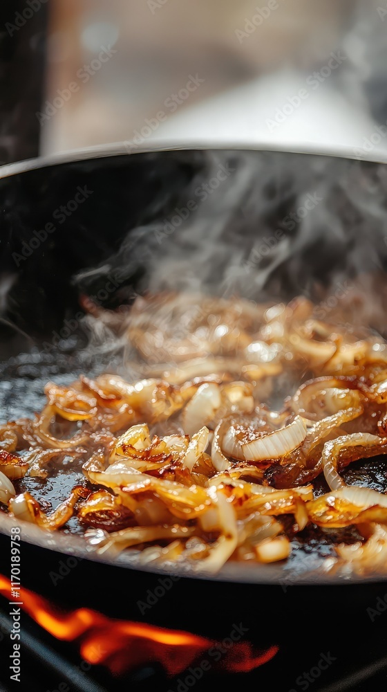 Sizzling Onions Cooking in Skillet with Steam and Flames Rising Sizzling Onions Cooking in Skillet with Steam and Flames Rising