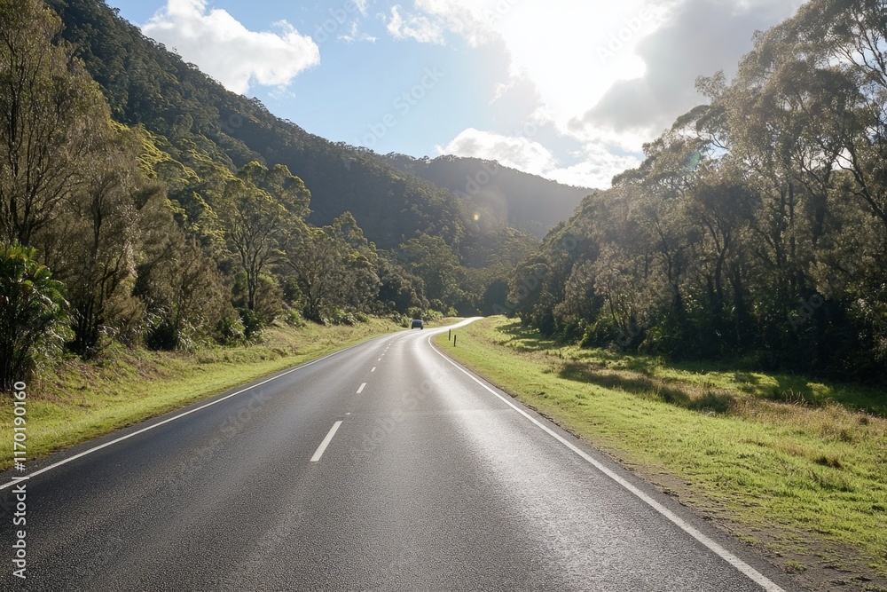 Naklejka premium Sunny road through a lush green valley.