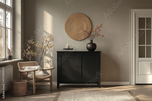 Scandinavian - designed black cabinet with two doors and four legs on living room floor, shown with focus on texture, lines, color match, lighting in high - quality shots. photo