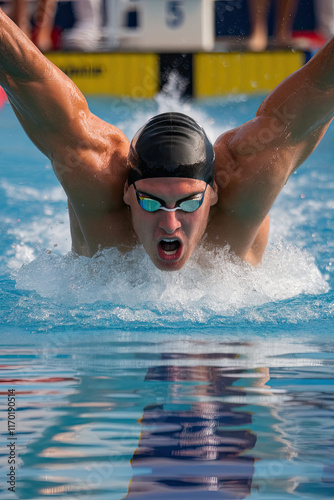 Swimmer diving into a crystal-clear pool at the start of a race photo