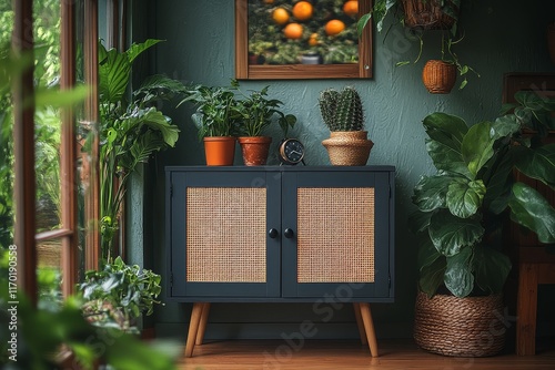 Scandinavian - designed black cabinet with two doors and four legs on living room floor, shown with focus on texture, lines, color match, lighting in high - quality shots. photo