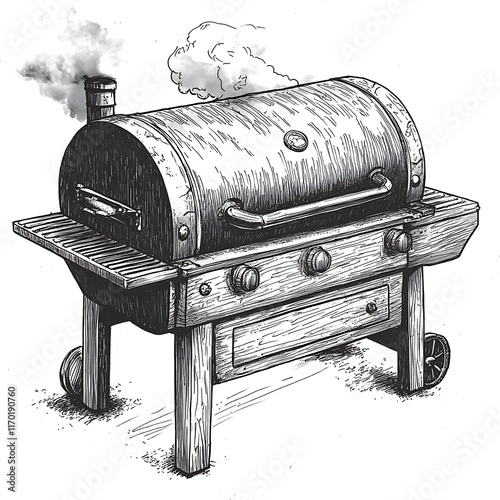 A Detailed Ink Drawing of a Vintage Wooden Barbecue Grill with Smoke Rising from the Chimney.