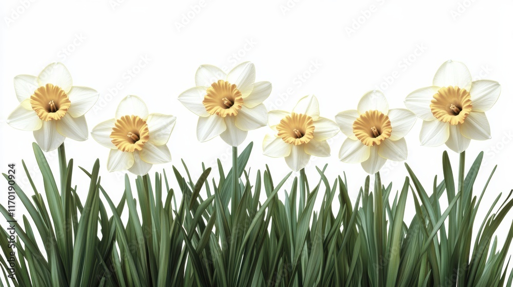 Fototapeta premium Stunning Arrangement of Blooming Daffodils in a Serene Landscape Featuring Vibrant Yellow Centers Surrounded by Lush Green Grass Against a Soft White Background
