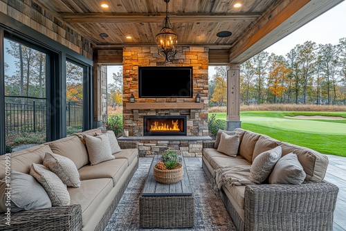 Luxury outdoor living space with indoor fireplace, couches, chairs, grass, built - in TV, golf green, wooden ceiling beams, light wood accents, stone wall and chandelier. photo