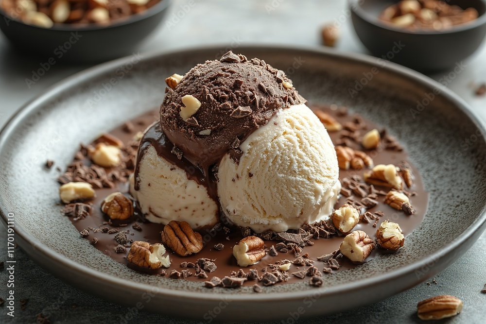 Chocolate ice cream and vanilla ice cream scoops with chocolate sauce and nuts. Chocolate ice cream and vanilla ice cream scoops with chocolate sauce and nuts.