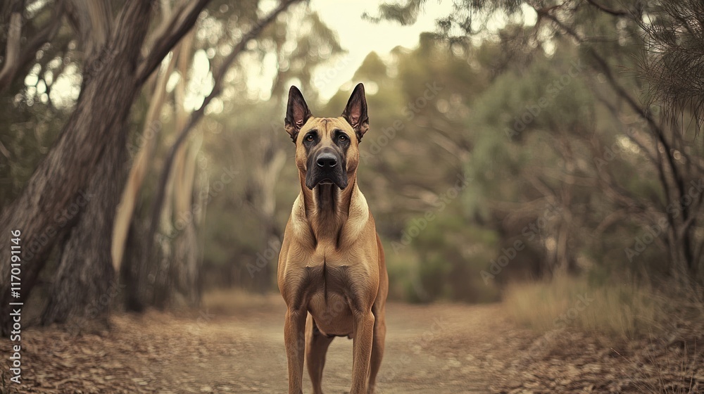 A dog stands on a path surrounded by trees, evoking a serene outdoor atmosphere. A dog stands on a path surrounded by trees, evoking a serene outdoor atmosphere.